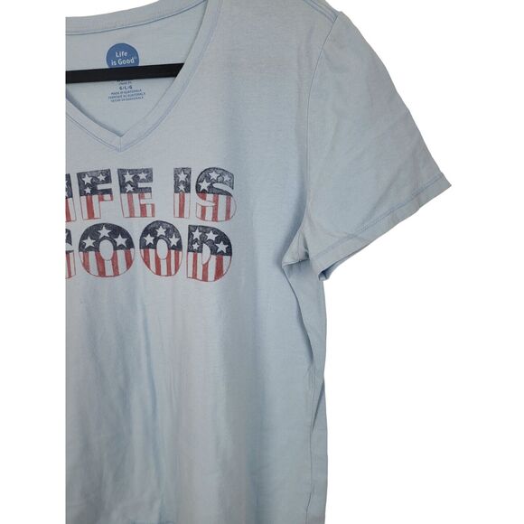 Life Is Good Patriotic T Shirt Large Womens V Neck Blue Pullover Stars Striped - Picture 2 of 6